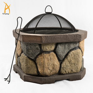 Round Fire Pit with  Charcoal rack Octagon Stone Look Magnesium oxide