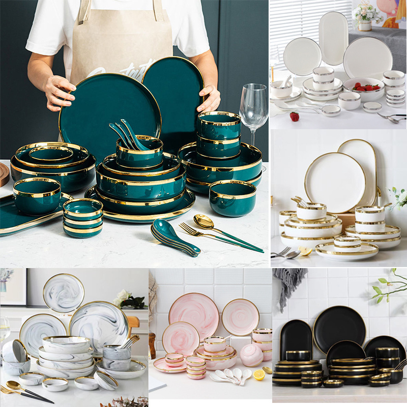 Ceramic Dinner Plates Dinnerware Set Dishes Luxury Green Food Plate Set Salad Soup Bowl Plate and Bowls Set for Restaurant Hotel