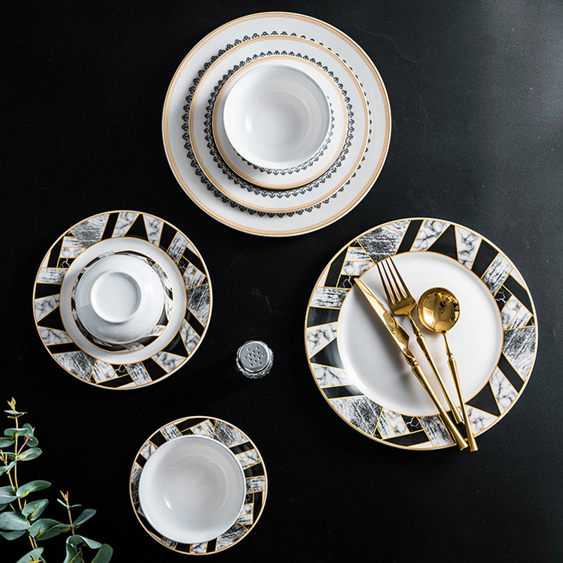 Nordic ceramic marble dinner set with cups marble glaze golden design porcelain dinnerware set with mug