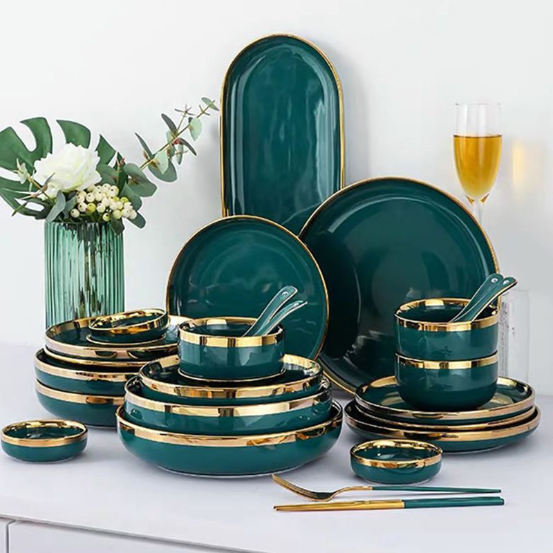 Ceramic Dinner Plates Dinnerware Set Dishes Luxury Green Food Plate Set Salad Soup Bowl Plate and Bowls Set for Restaurant Hotel