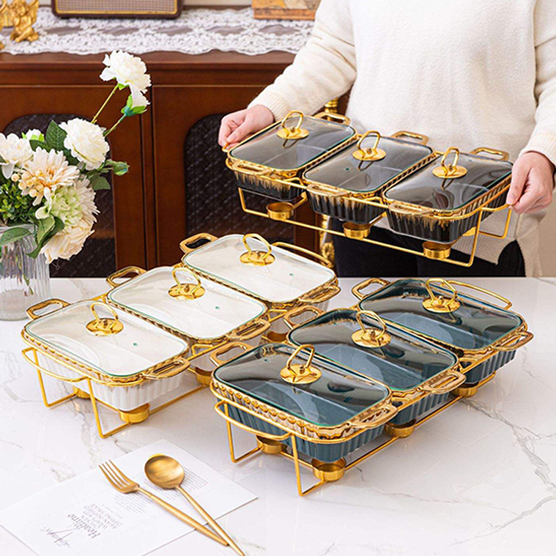 Wholesale High Quality Ceramic Chafing Dish Casseroles Hot Pot Food Warmer Sets Of 3 Porcelain