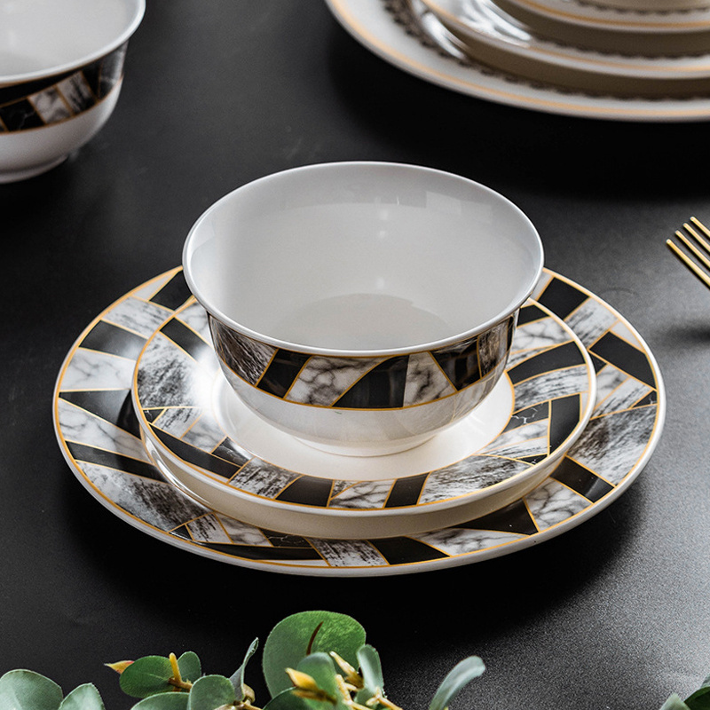 Nordic ceramic marble dinner set with cups marble glaze golden design porcelain dinnerware set with mug