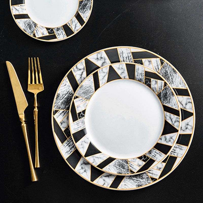 Nordic ceramic marble dinner set with cups marble glaze golden design porcelain dinnerware set with mug