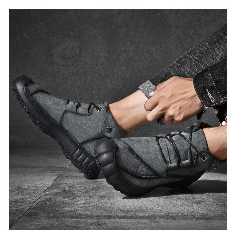 Men Casual Motorcycle Boots Non-slip Sole Outdoor Ankle Short Boot Cowhide Leather Racing Shoes Hiking Walking Sneakers