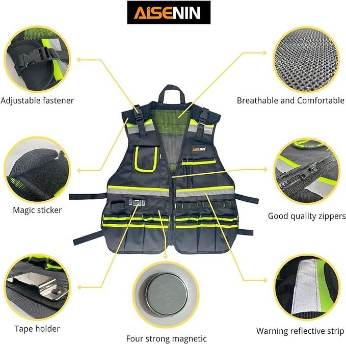 Tool Vest Safety Work Vest with Adjustable Straps,Removable Phone Holder for Electrician,Construction,Carpenters