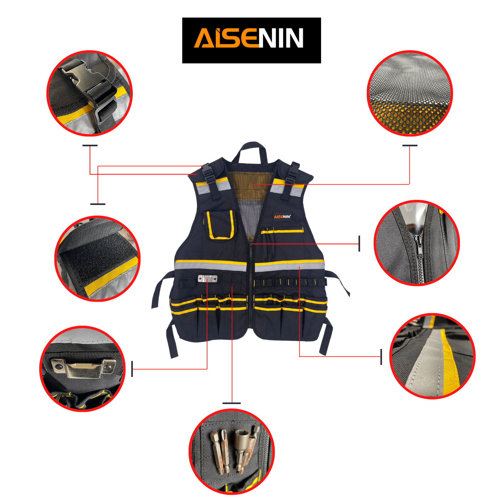 Customized According To Design Reflective Vest Electrician Orange Safety Work Tool Vest