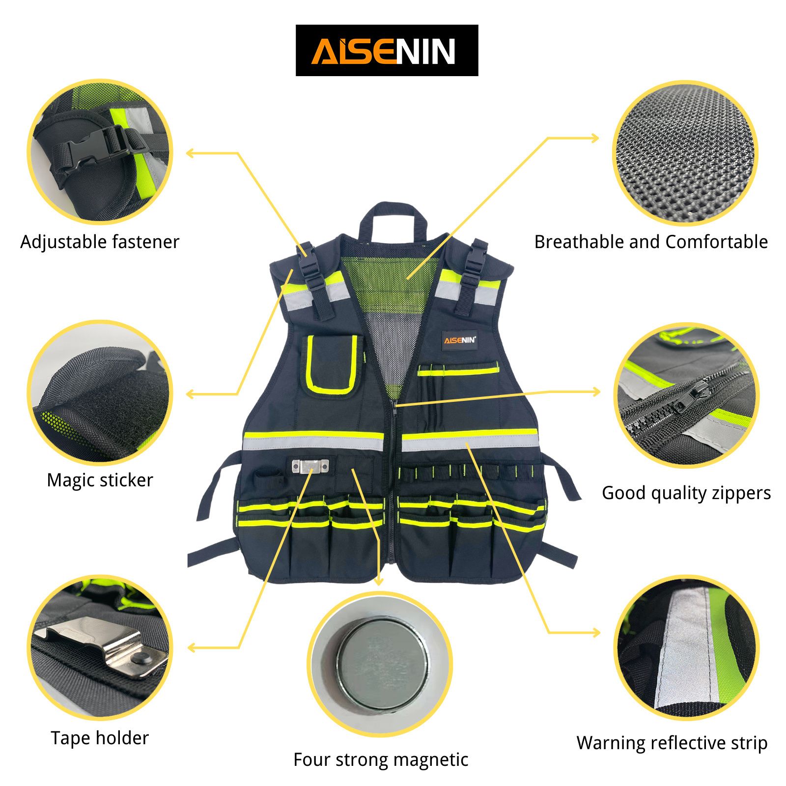 High Quality Woodworking Electrician Blue Yellow Fluorescent Green Outdoor Vest Tool Work Vest Safety Cooling Vest For Men