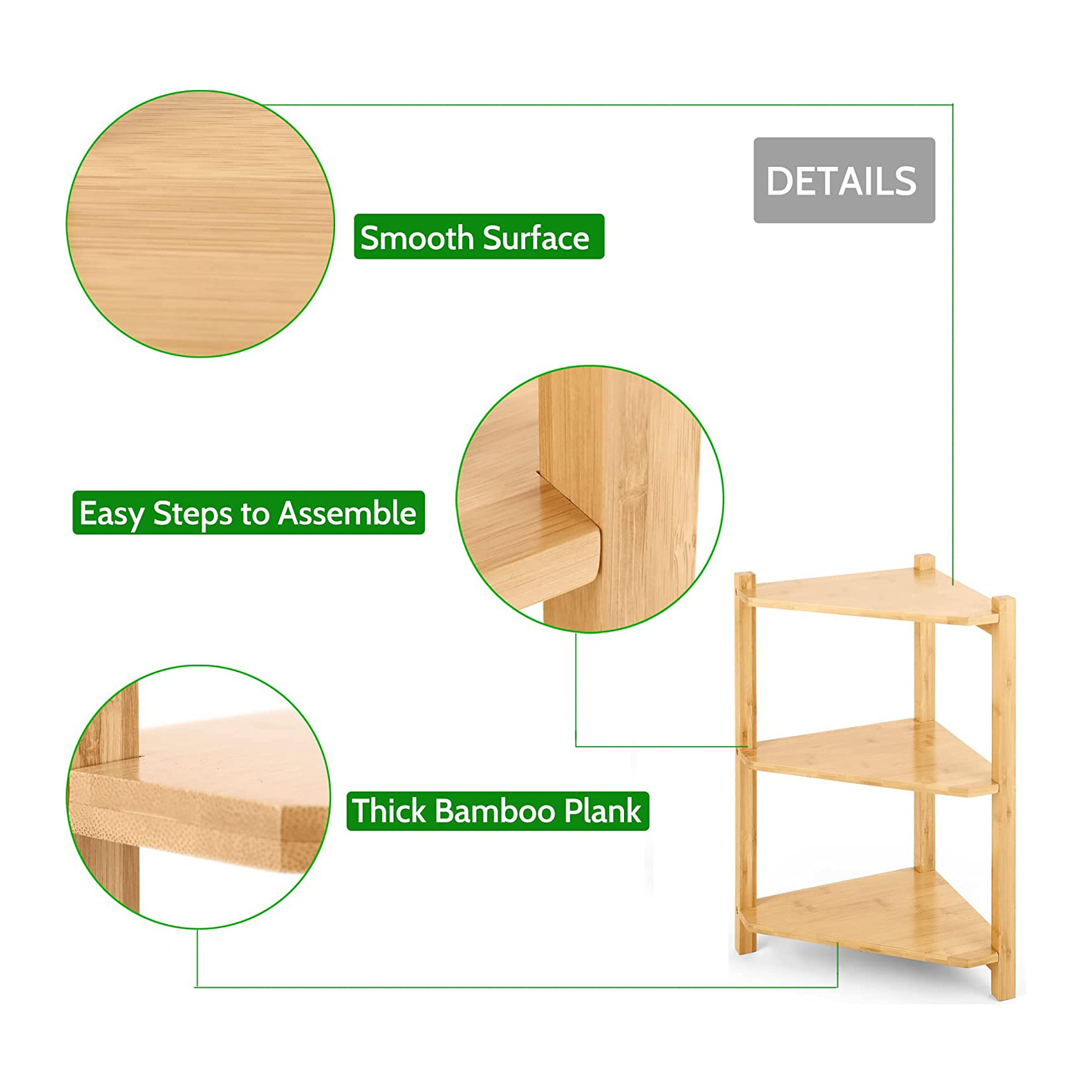 3-Tier Bamboo Corner Shelf Organizer Small Storage Rack Stand for Bathroom Living Room