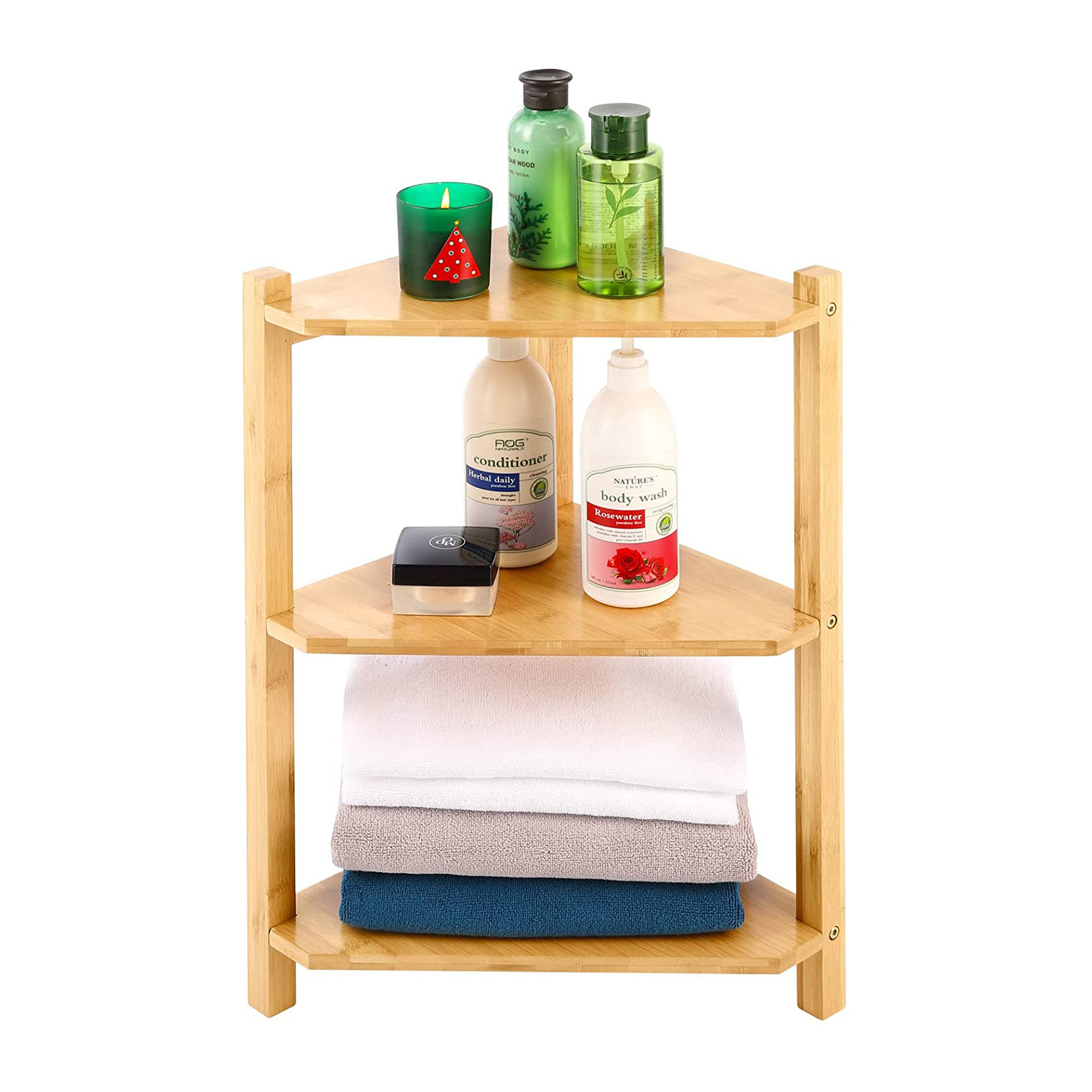 3-Tier Bamboo Corner Shelf Organizer Small Storage Rack Stand for Bathroom Living Room