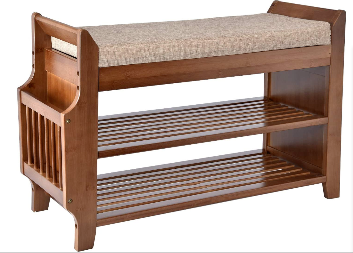 Bamboo Shoe Rack Bench with Removable Cushion, 2 Tier Entryway Shoe Storage