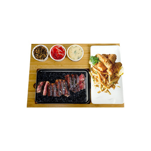 Cast Stone Steak Plate with Wooden Base Cooking Stone Complete Set Lava Hot Steak Stone Plate