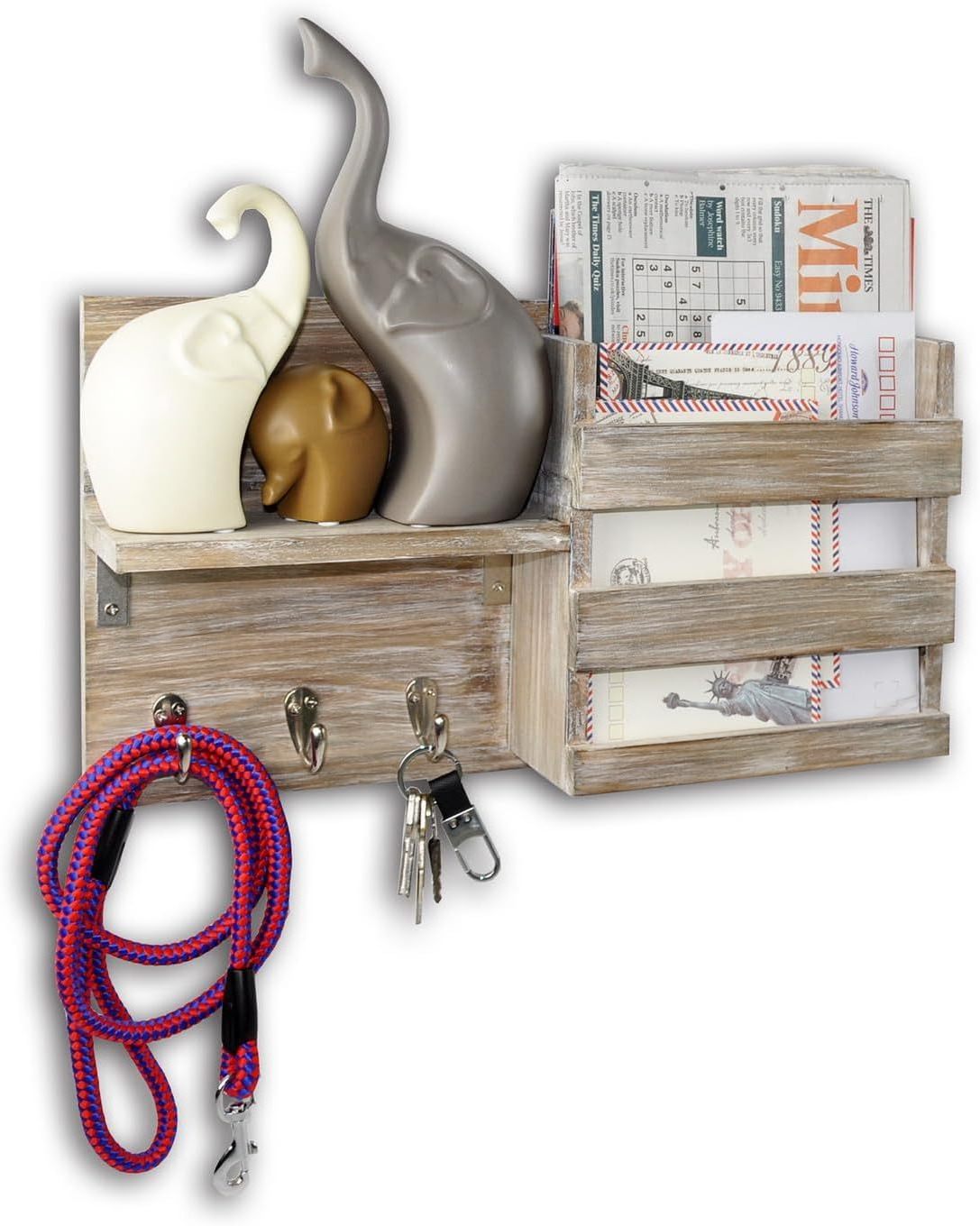 Wall-Mounted Key Hooks Holder and Mail Sorter - Rustic Wood Grey - Entryway Organizer for Letters, Leashes, and Purses