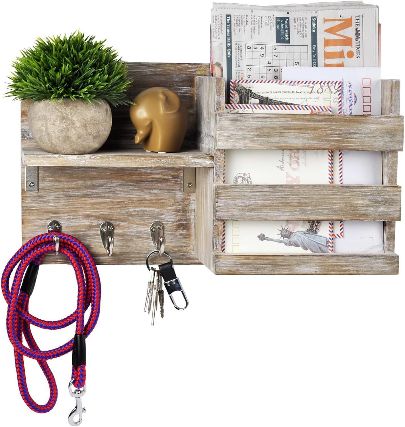 Wall-Mounted Key Hooks Holder and Mail Sorter - Rustic Wood Grey - Entryway Organizer for Letters, Leashes, and Purses