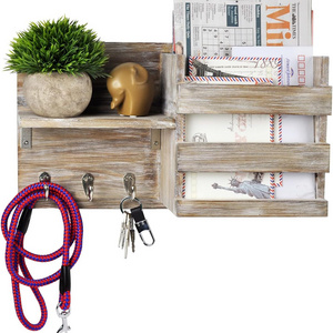 Wall-Mounted Key Hooks Holder and Mail Sorter - Rustic Wood Grey - Entryway Organizer for Letters, Leashes, and Purses