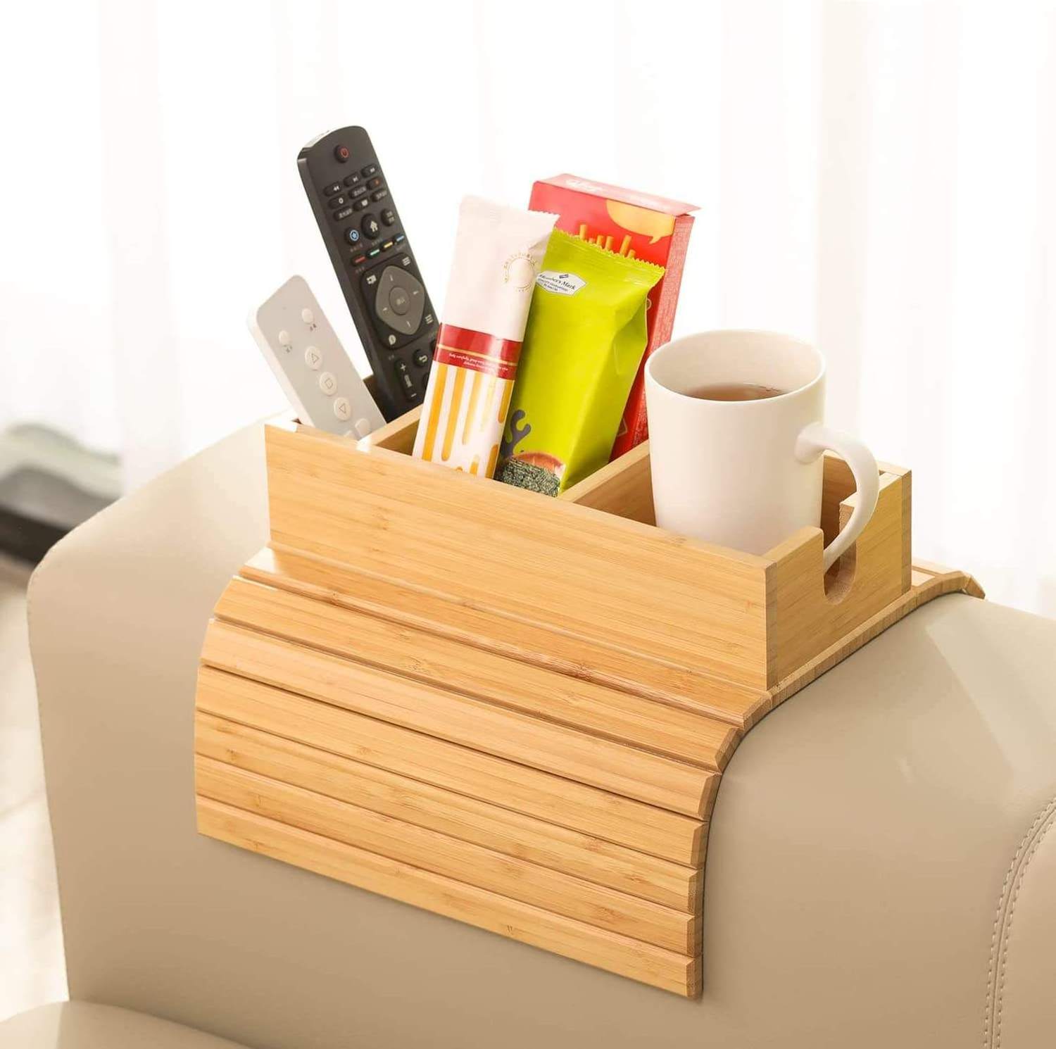 Bamboo Couch Cup Holder Anti-Spill Sofa Cup Holder Double Couch Arm Cup Holder Suitable