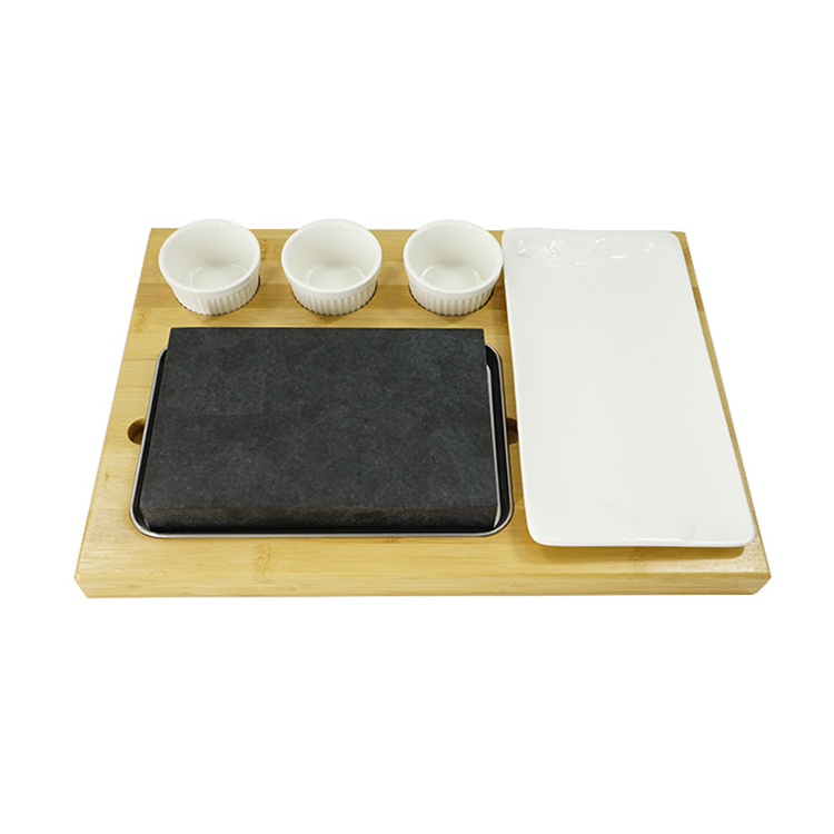 Cast Stone Steak Plate with Wooden Base Cooking Stone Complete Set Lava Hot Steak Stone Plate