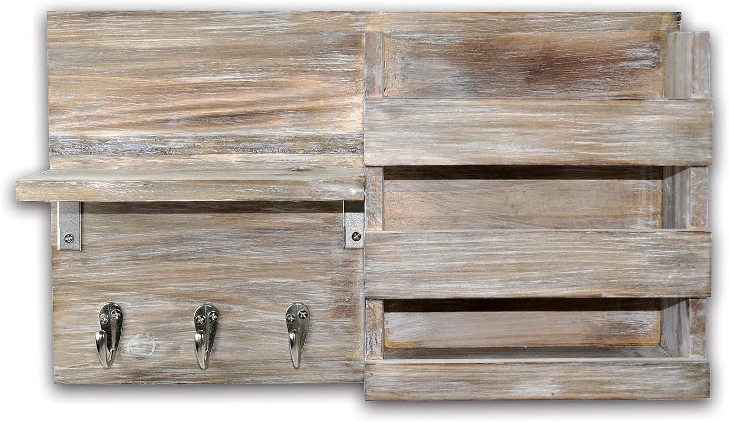 Wall-Mounted Key Hooks Holder and Mail Sorter - Rustic Wood Grey - Entryway Organizer for Letters, Leashes, and Purses