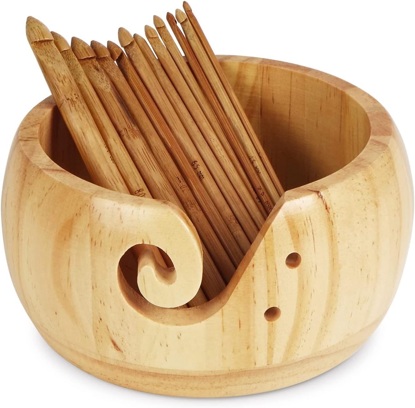 Yarn Bowl Holder, Wooden Knitting Bowl with 12pcs Crochet Hooks, Large Yarn Holder Dispenser for Crocheting