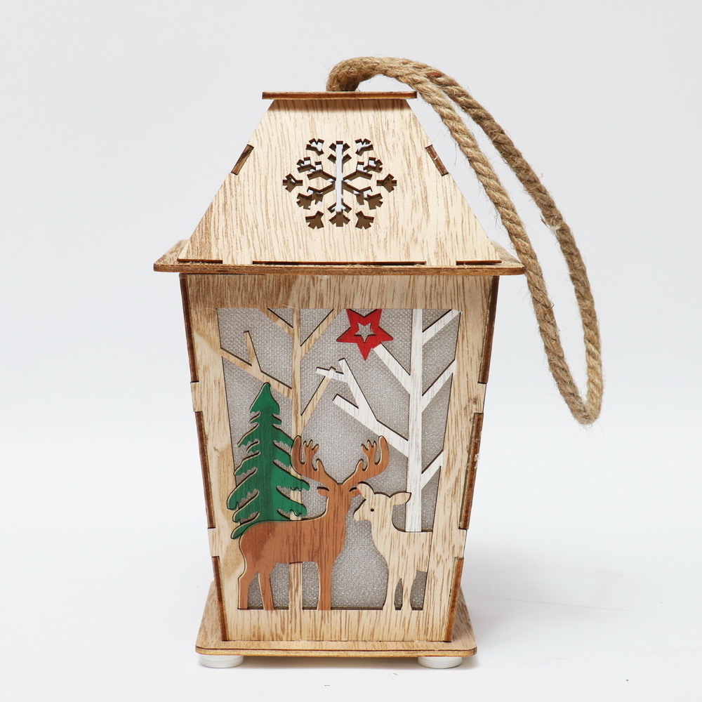 Wholesale Christmas Light Up Wood Lantern LED Hanging Ornament for Christmas Tree Decoration Kid Gift Festival Pendant