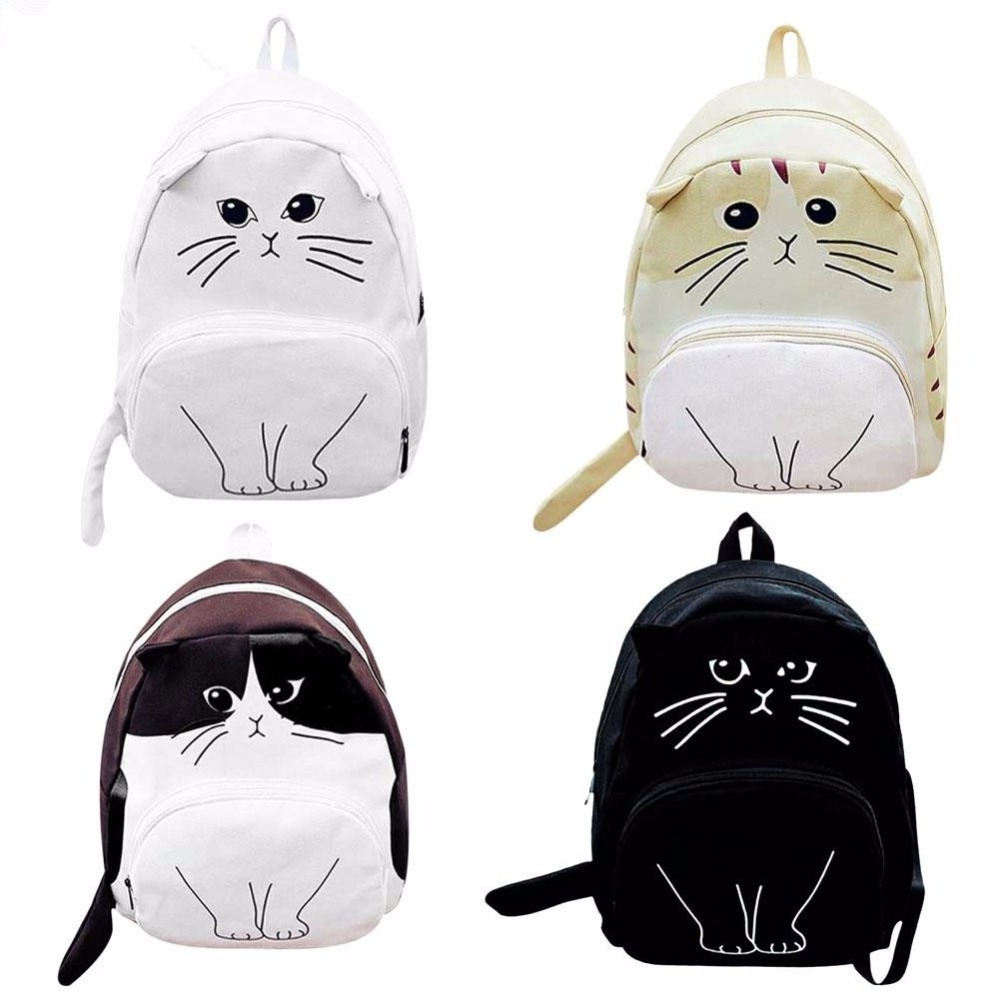 Fashion Women Canvas Lovely Cute Cartoon Cat Backpack Casual Students School Bag