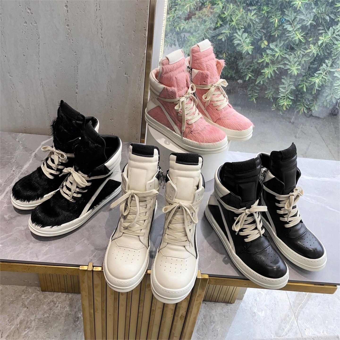 2023 Horse Hair High Top Women Shoes Sneakers Lace Up Men Thick Soled Leather Geobasket Zipper Motorcycle Boots Winter