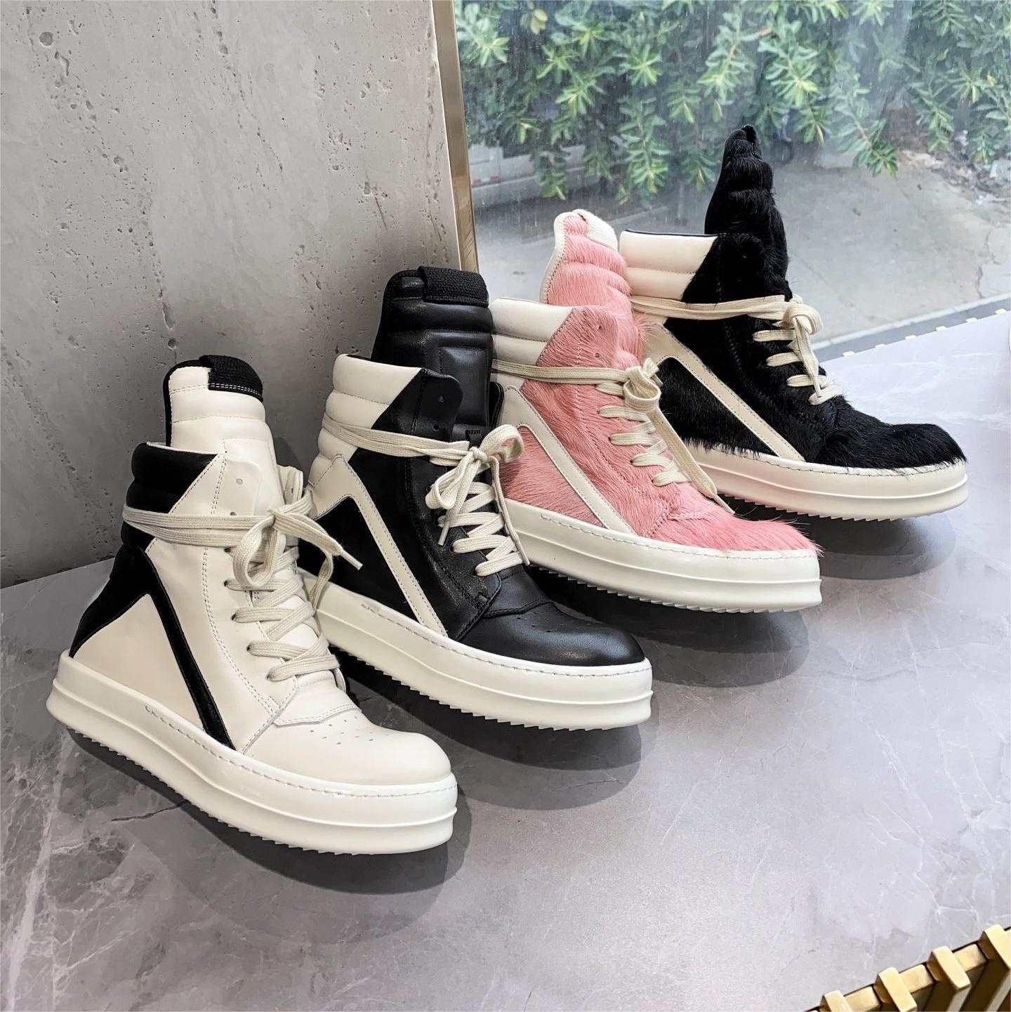 2023 Horse Hair High Top Women Shoes Sneakers Lace Up Men Thick Soled Leather Geobasket Zipper Motorcycle Boots Winter