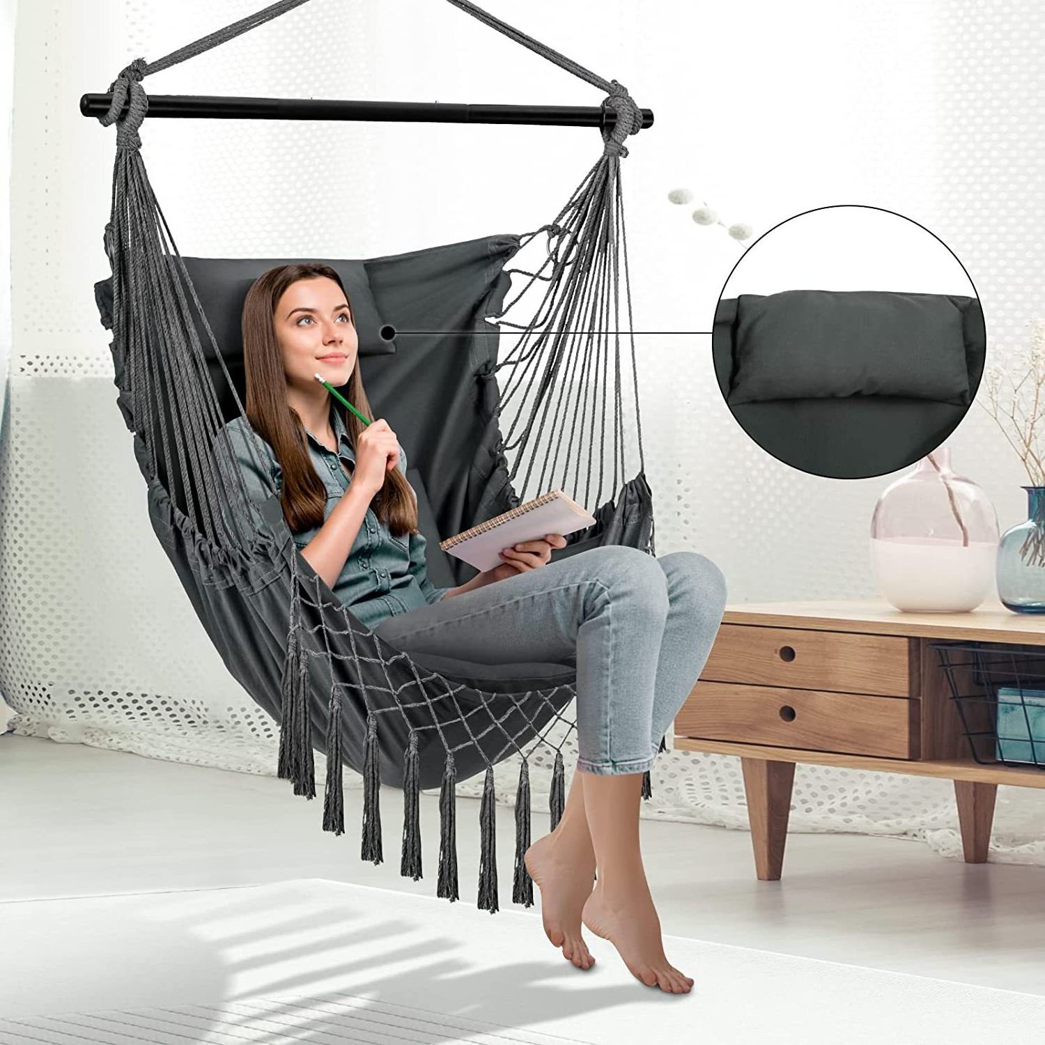 Hammock Chair With Hanging Hardware Kit Swing Chair For Indoor Outdoor Max 330 Lbs Include Carry Bag Cushions