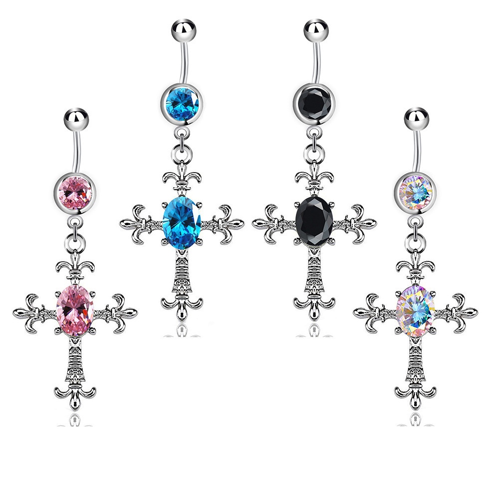 European and American Style Fashion Piercing Jewelry, Cross Belly Button Ring with Diamond, Stainless Steel Wholesale