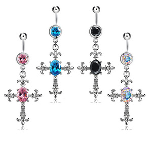 European and American Style Fashion Piercing Jewelry, Cross Belly Button Ring with Diamond, Stainless Steel Wholesale