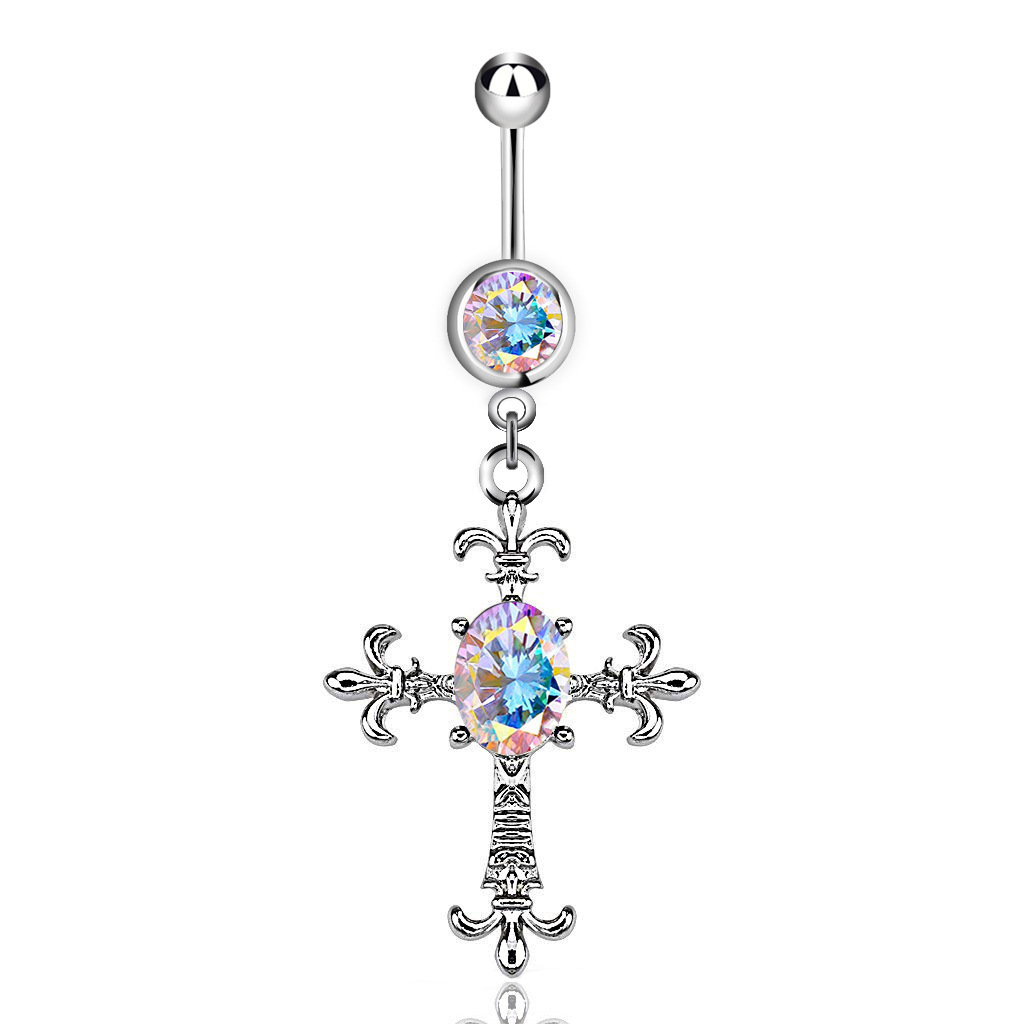 European and American Style Fashion Piercing Jewelry, Cross Belly Button Ring with Diamond, Stainless Steel Wholesale