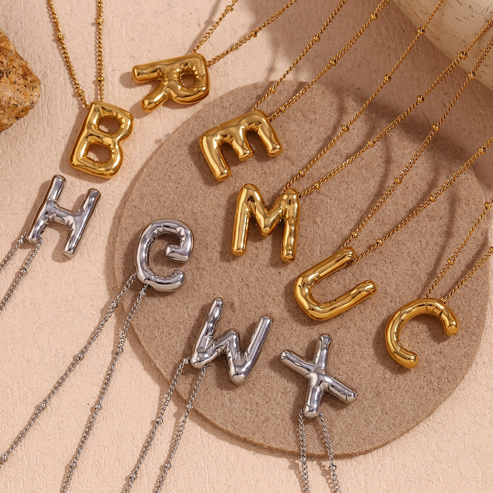 Wholesale Dainty Tarnish Free Stainless Steel Chunky Alphabet Balloon Initial Bubble Letter Pendant Necklace