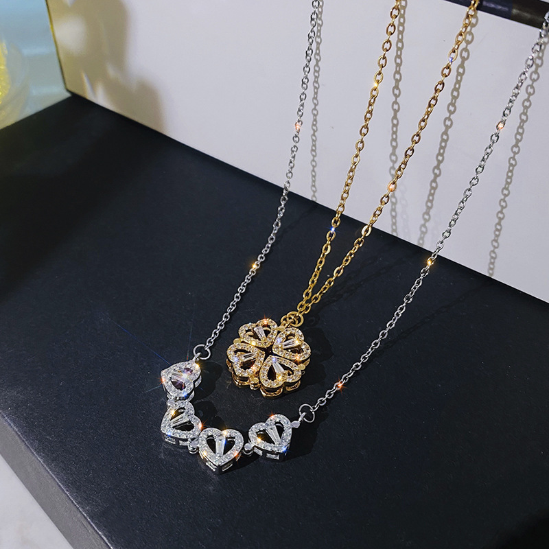 Wholesale Jewelry Fashion Four Leaf Clover Crystal Magnet Necklace Personality Gold Plated Stainless Steel Necklace For Women