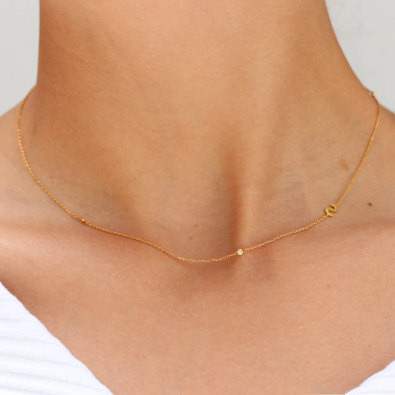 Stainless Steel 18K Gold PVD Plated Dainty Minimalist Zircon Alphabet Letter Necklaces Jewelry Sideway Initial Necklace