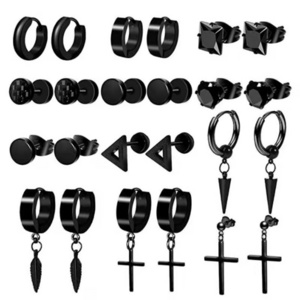 12 Pairs Stainless Steel Black Stud Earrings for Men Women Huggie Earring Ear Piercing Set Hoop