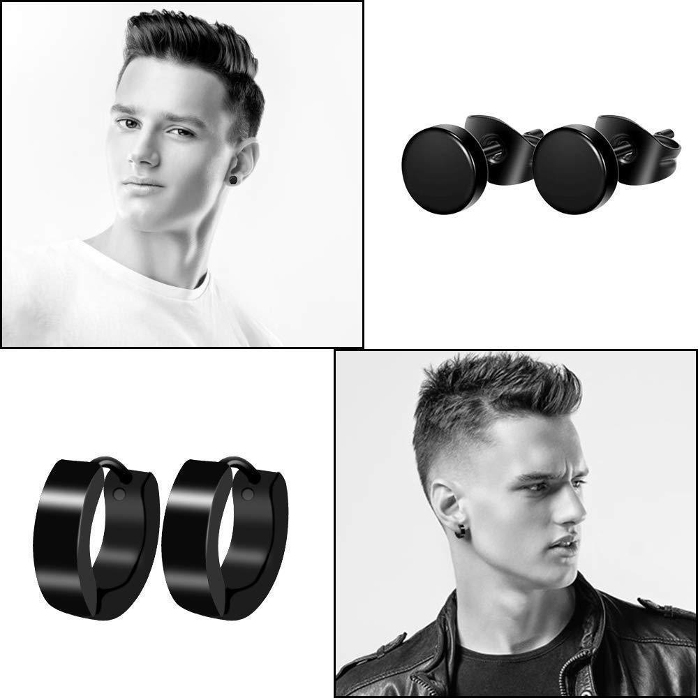 12 Pairs Stainless Steel Black Stud Earrings for Men Women Huggie Earring Ear Piercing Set Hoop