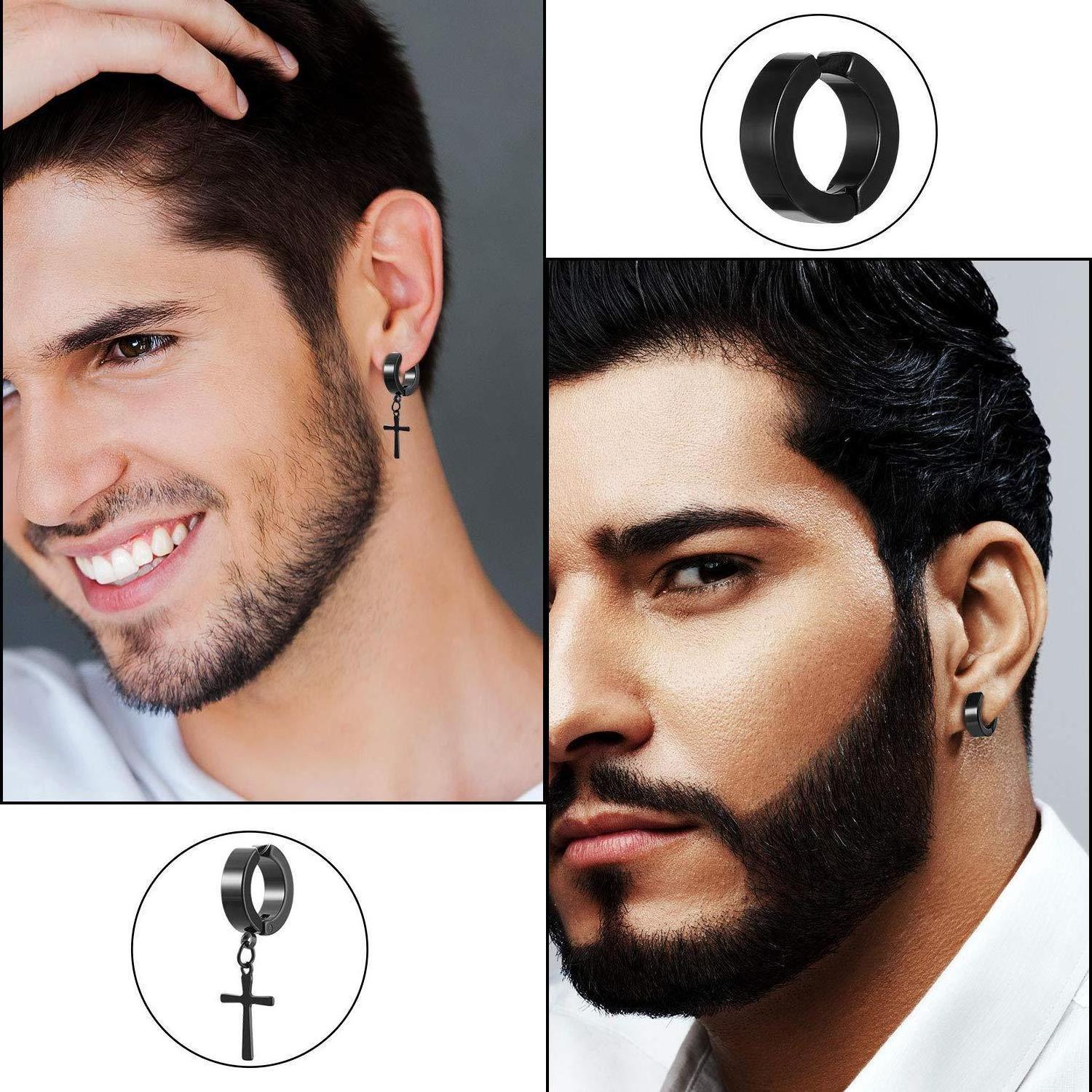 12 Pairs Stainless Steel Black Stud Earrings for Men Women Huggie Earring Ear Piercing Set Hoop