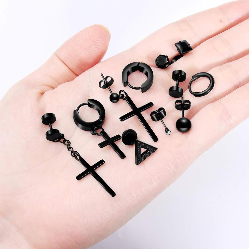 12 Pairs Stainless Steel Black Stud Earrings for Men Women Huggie Earring Ear Piercing Set Hoop