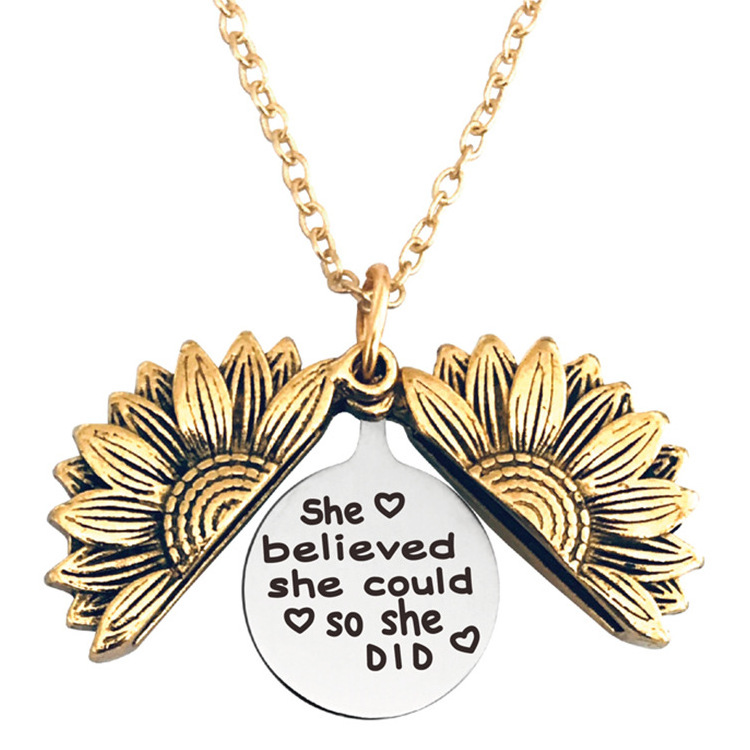 2023 Custom Gold Silver stainless steel jewelry necklace,Open Locket you Are My Sunshine Sunflower Pendant Necklace for Women