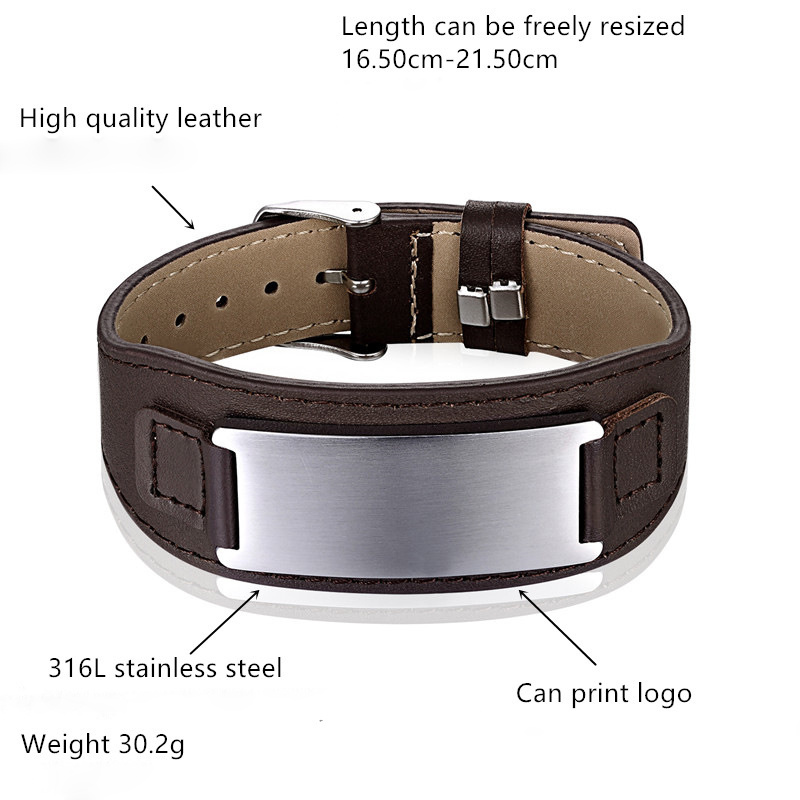 Wholesale Sport Stainless Steel Cuff Bracelet Custom Engraved Genuine Leather bracelet Men Women