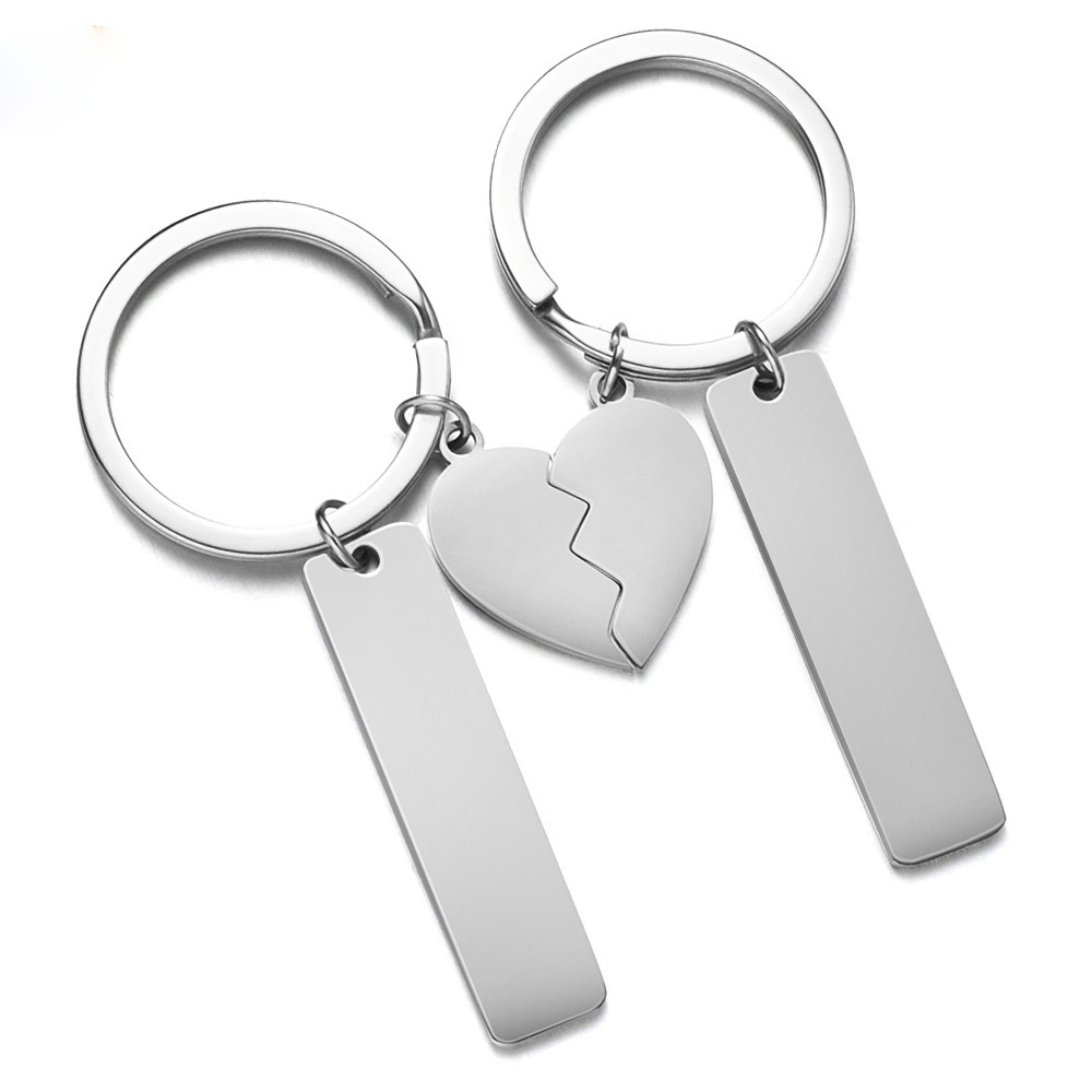 Simple Design Blank Logo Engraved Stainless Steel Paired keychain Half Heart Shape Id Tag Key Chain for Couple