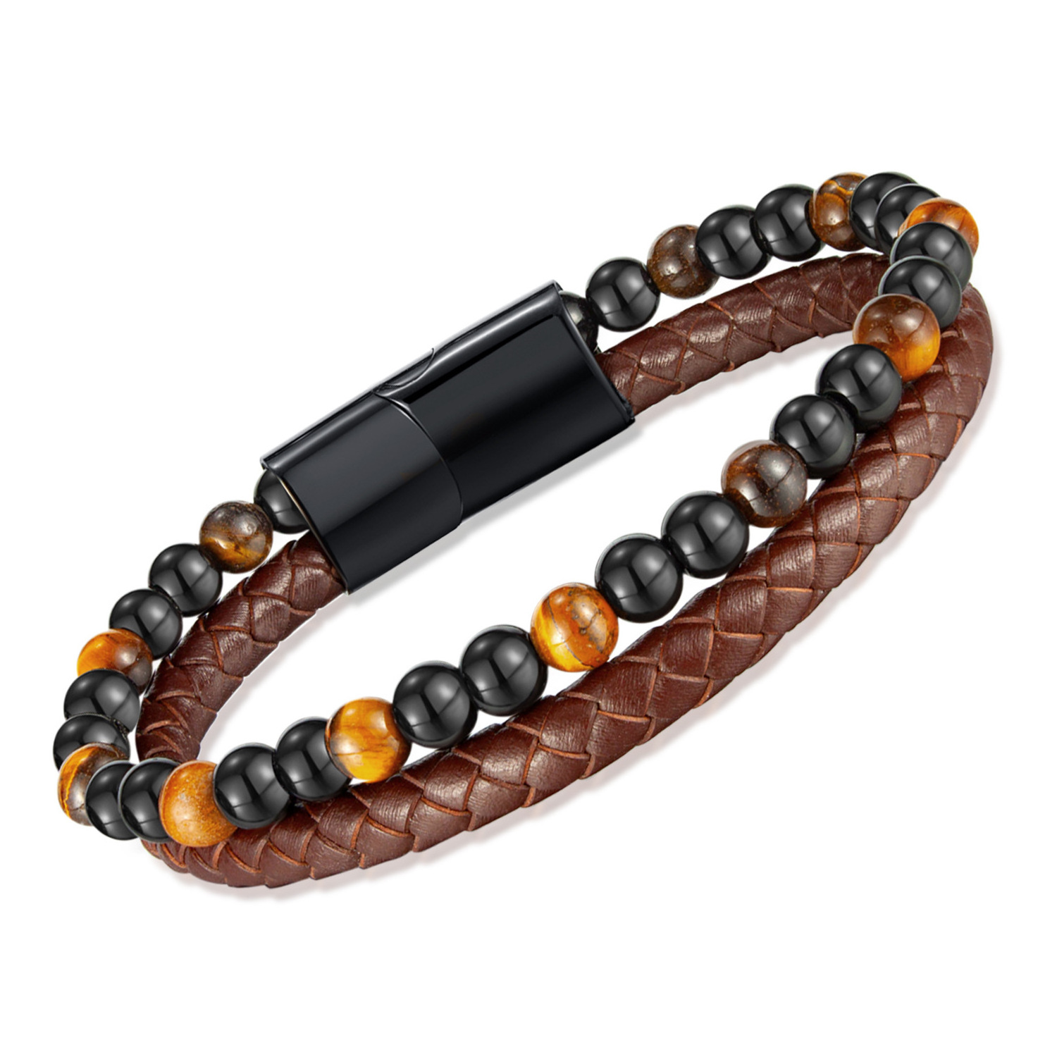 Cheap Punk Tiger Eye Lava Men Natural Stone Bead Stainless Steel Clasp Black Genuine Leather Bracelet