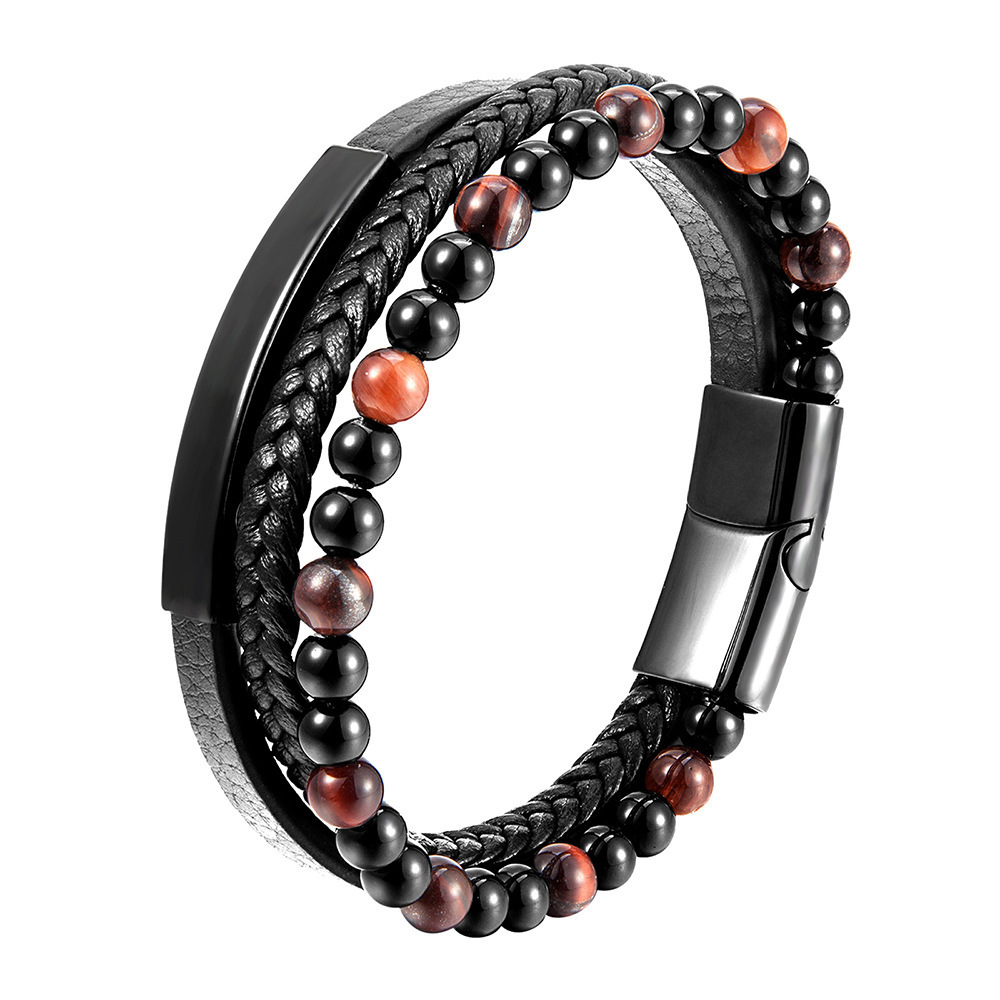 Cheap Punk Tiger Eye Lava Men Natural Stone Bead Stainless Steel Clasp Black Genuine Leather Bracelet