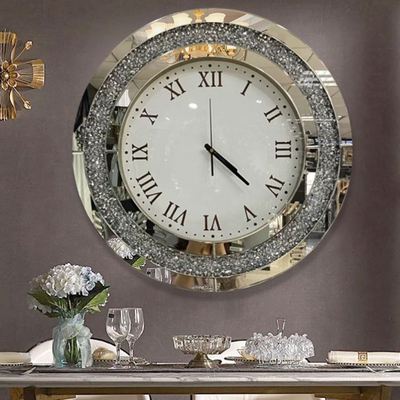 Silver Round Mirror Clock Crystal Crush Diamond Mirrored Sparkle Twinkle Bling Diamond Decor Large Wall Clock for Decoration