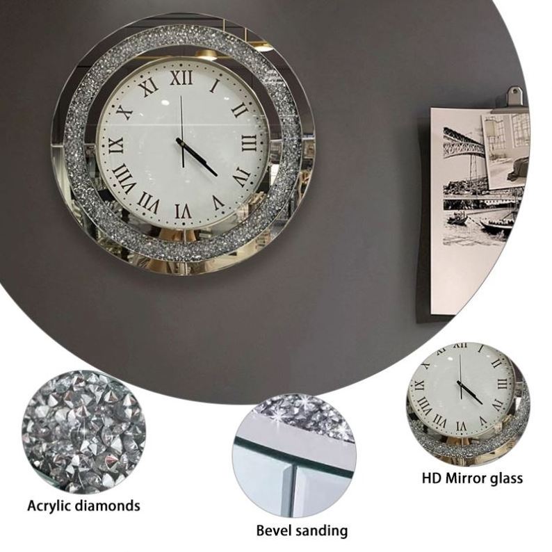 Silver Round Mirror Clock Crystal Crush Diamond Mirrored Sparkle Twinkle Bling Diamond Decor Large Wall Clock for Decoration