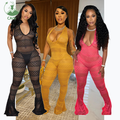 Mesh Club Jumpsuits Playsuits Women's Clothing Halter See Through Flare Pant Romper Sexy Sleeveless One Piece Jumpsuit For Women