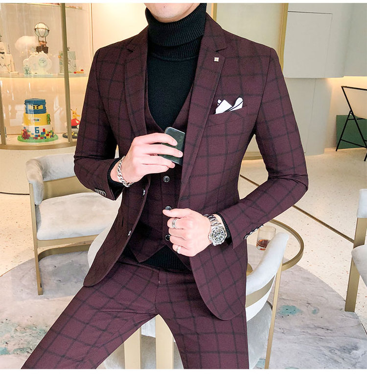 Men's Suits 3 Pieces Set Dress Blazers Pants Vest Set Male Wedding 2024 Fall Business Formal Plaid Suit Luxury Slim Fit Coat