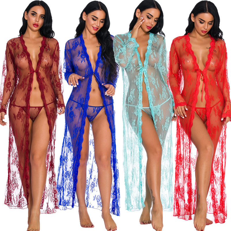 Ladies Long Gowns Black See Through Lingerie Bathrobe Bridesmaid Robes Women Sleepwear Lace Underwear Nightwear Nighty