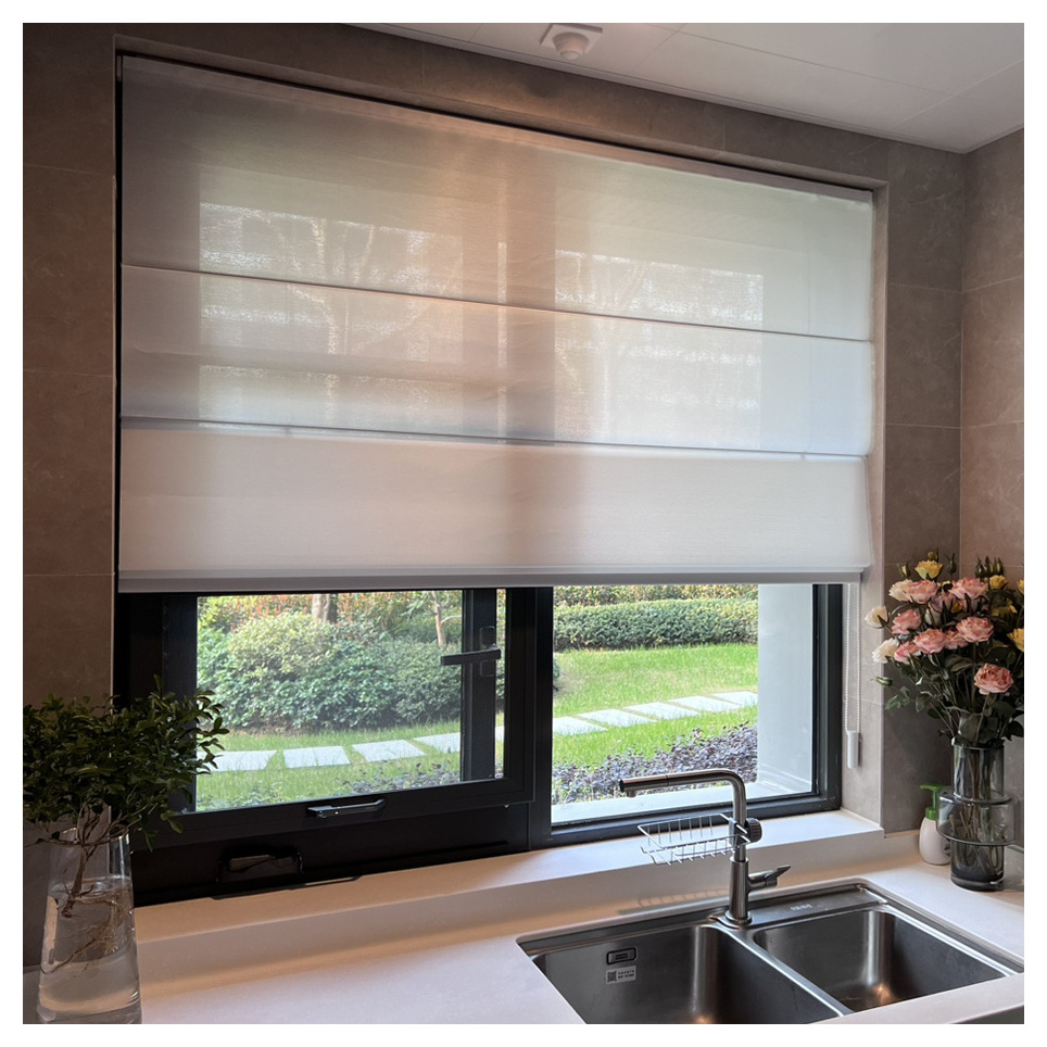 Motorized White Roman Shades Blinds Vertical Pattern Plastic Roller Shades with Rope Format Sheer Curtain Fabric for Windows