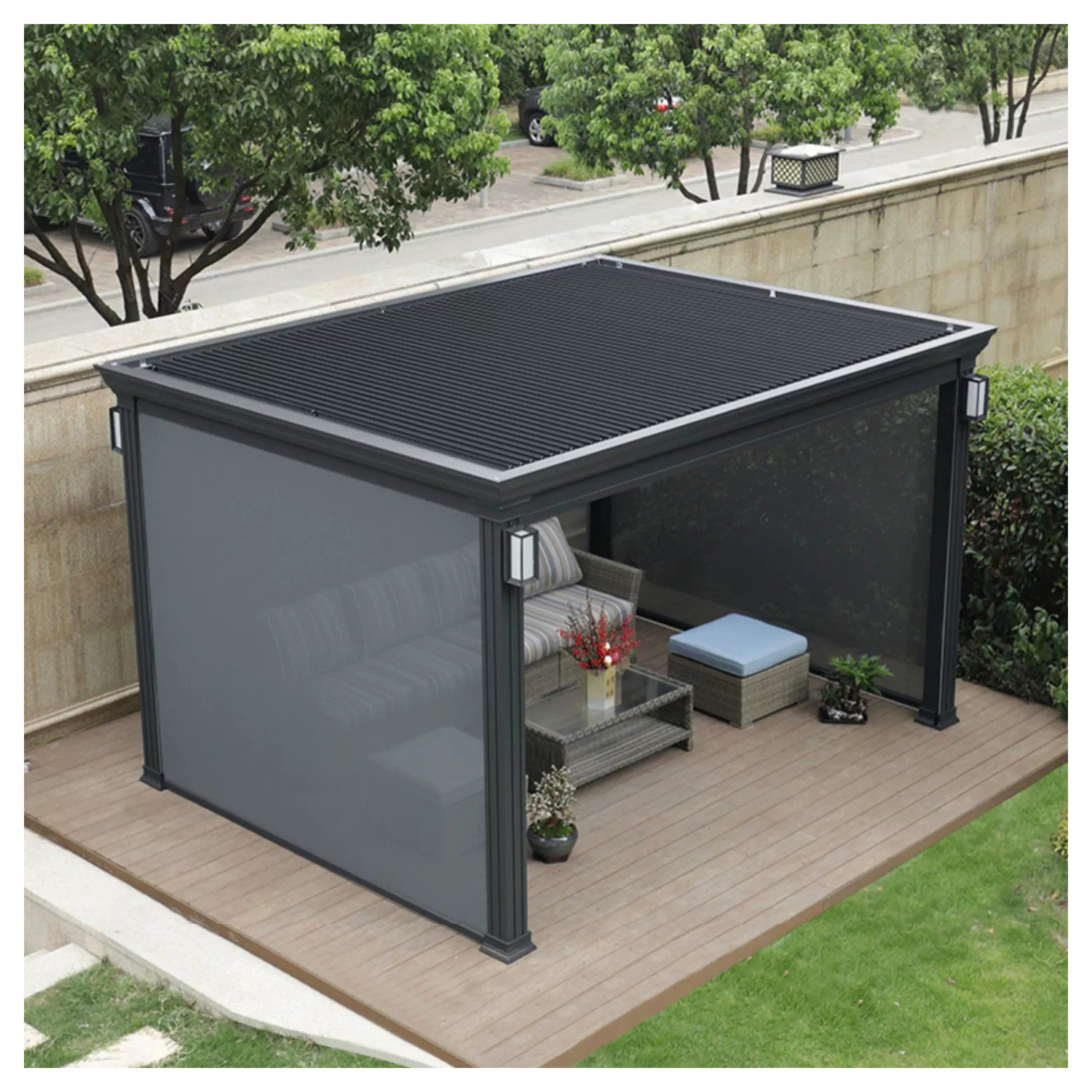 Remote Control Pergola Outdoor Gazebo Garden Bioclimatic Aluminium Pergola With Sun Screen Sunshade Pavilion Windproof Curtain