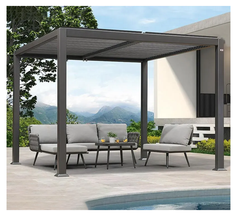 Remote Control Pergola Outdoor Gazebo Garden Bioclimatic Aluminium Pergola With Sun Screen Sunshade Pavilion Windproof Curtain